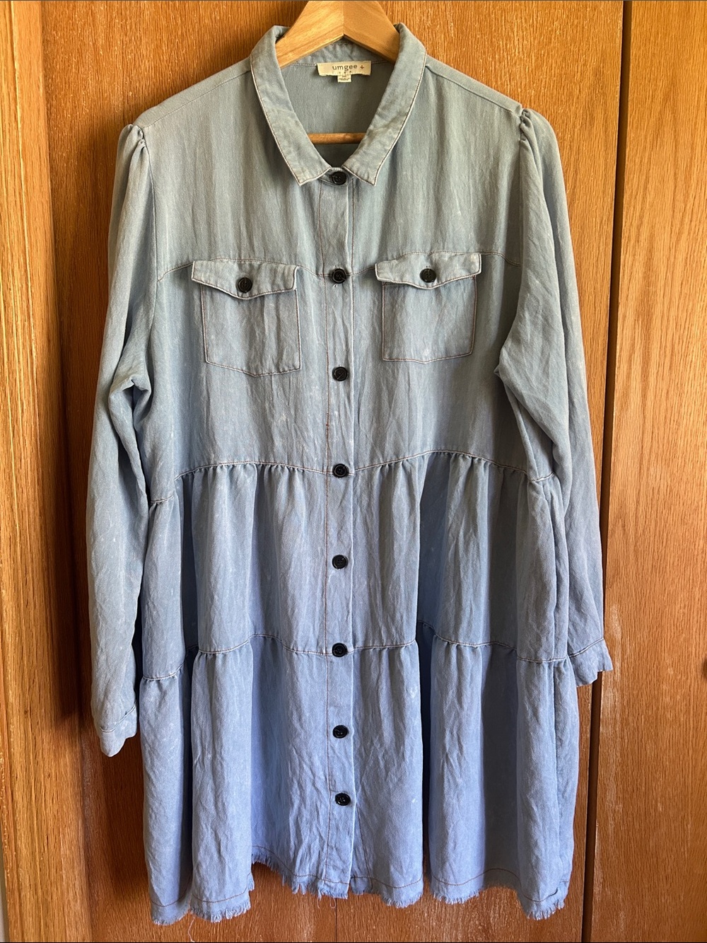 Umgee Light Blue Button-Front Tiered Long Sleeve Dress